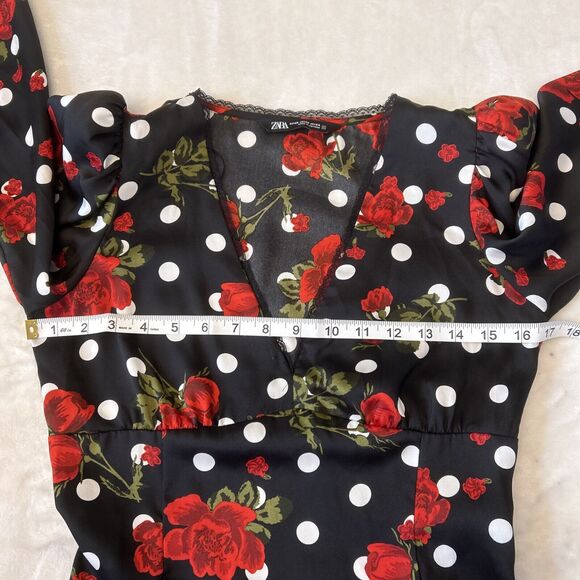 Zara Women Rose Print Long Sleeve Blouse XS Black Polka Dot Lace Trim Side Zip - Picture 5 of 8